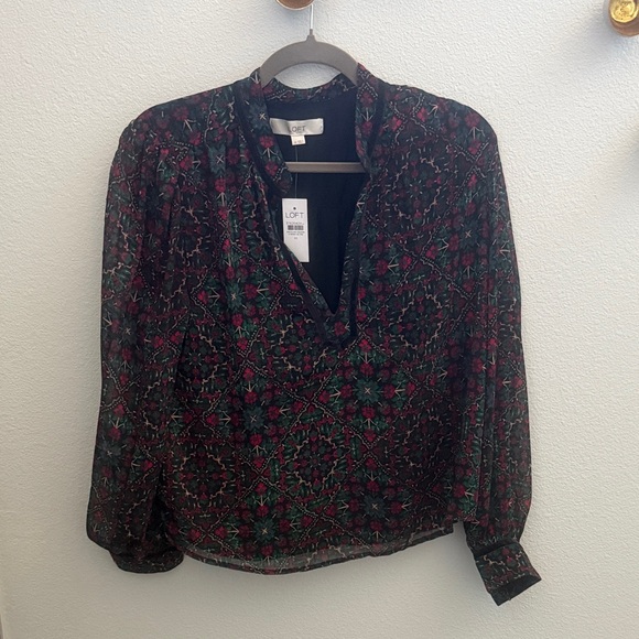 LOFT Tops - LOFT Women's Black and Green Floral Blouse